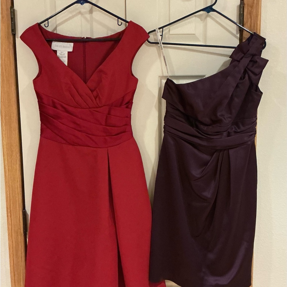 David's Bridal Red and Purple One Shoulder Dresses
